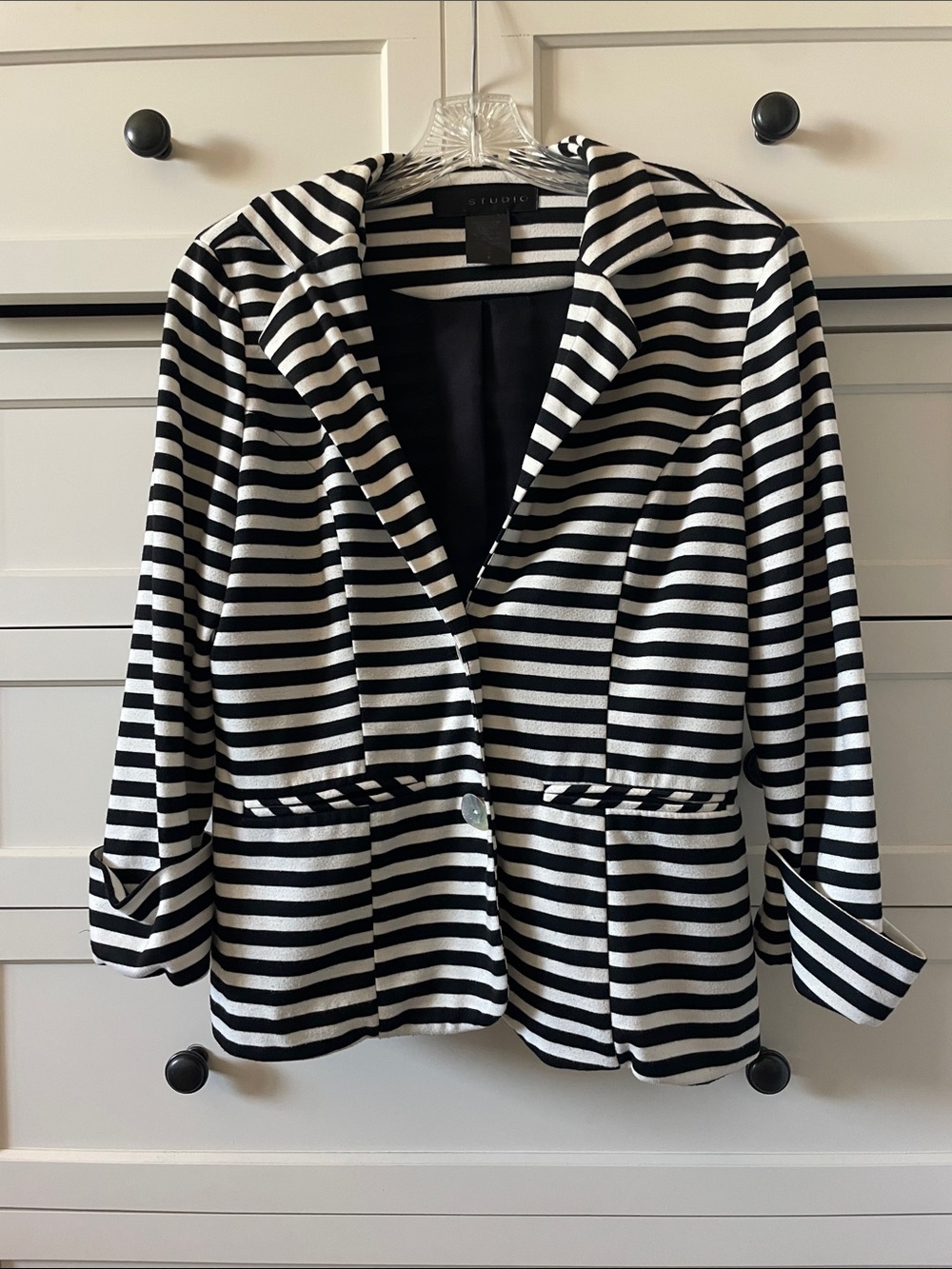 Studio Women's Black & White Striped Blazer w/ Shoulder Pads -Size 8